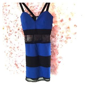 Blue and black mini dress with sheer panels